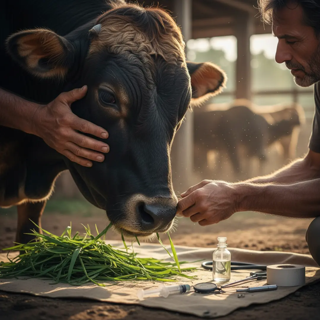 ภาพใกล้ของมือเกษตรกรกำลังตรวจวัวชนที่ซึมและไม่กินหญ้า มีเครื่องมือแพทย์สำหรับช่วยเหลือฉุกเฉินอยู่ใกล้เคียง สื่อถึงการดูแลและช่วยเหลือวัวอย่างถูกต้อง