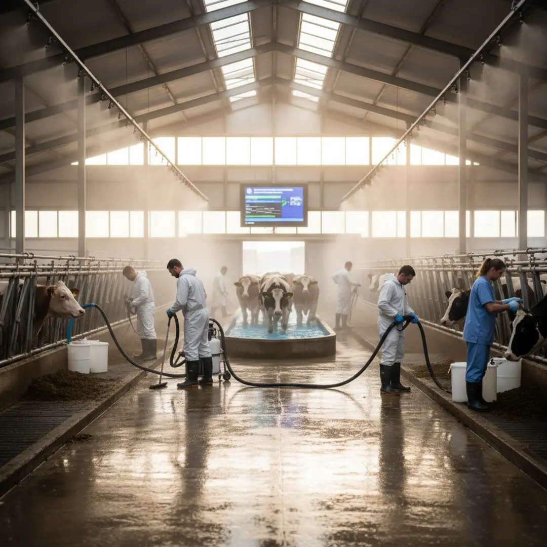 ภาพโรงเรือนวัวชนที่สะอาด พร้อมเจ้าหน้าที่กำลังทำความสะอาด, ฉีดพ่นสารฆ่าเชื้อ และมีสถานีแช่เท้าวัวเพื่อป้องกันโรคปากเท้าเปื่อย