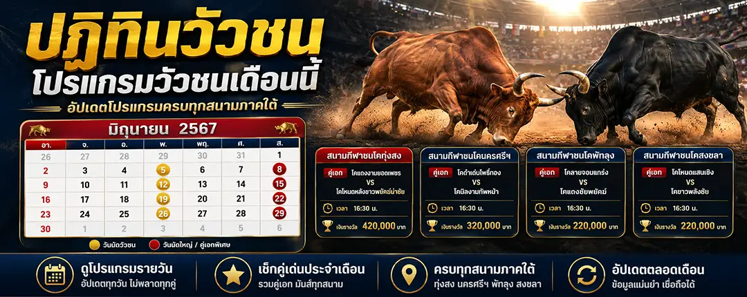 ปฏิทินวัวชนเดือนนี้ ตารางวันเปรียบวัวและวันชนทุกสนามภาคใต้